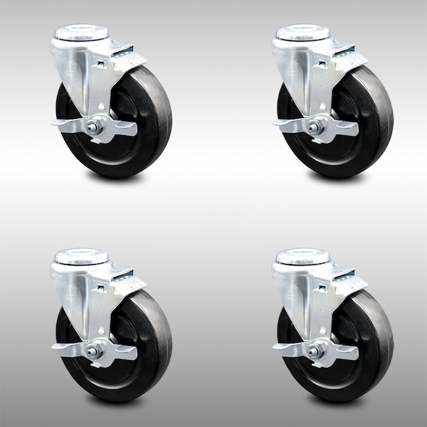 5 Inch SS Hard Rubber Wheel Swivel Bolt Hole Caster Set with Brake SCC